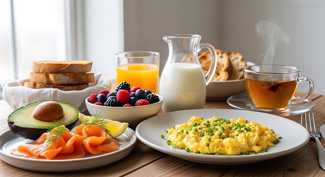 Delicious healthy breakfast with scrambled eggs salmon avocado berries and orange juice on table. vitamina d