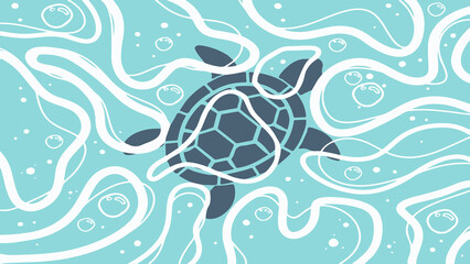 Turtle swims through background ocean waves and sea © Sixer's Design
