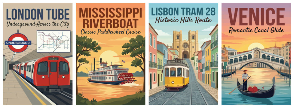 Vintage world travel poster set. Including london tube, mississippi riverboat, lisbon tram 28, and venice gondola. Retro vector illustration.