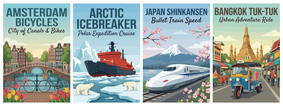 Vintage world travel poster set. Including amsterdam bicycles, arctic icebreaker, japan shinkansen, and bangkok tuk tuk. Retro vector illustration.