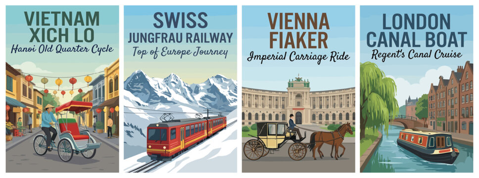 Vintage world travel poster set. Including vietnam xich lo, swiss jungfrau railway, vienna fiaker carriage, and london canal boat. Retro vector illustration.