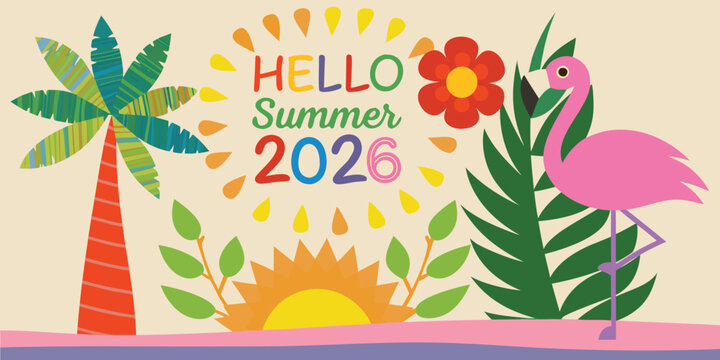 Colorful summer greeting with flamingo palm tree and floral elements in a vector illustration