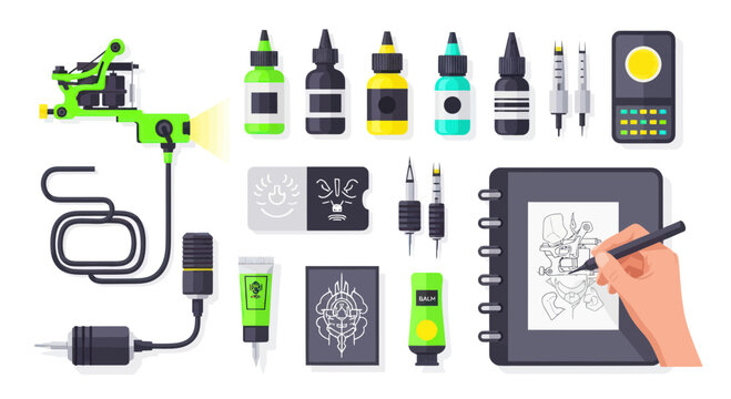 Tattoo Equipment Collection: Machine, Ink, Needles, Stencil, and Drawing Pad