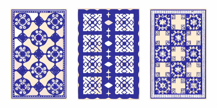 three vintage blue and white ceramic tiles with floral and geometric patterns high quality professional