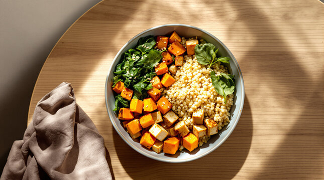 flexitarian buddha bowl with tofu and seasonal vegetables on wooden table
