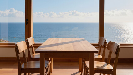 Fototapeta premium Ocean View Dining with Wooden Table and Chairs