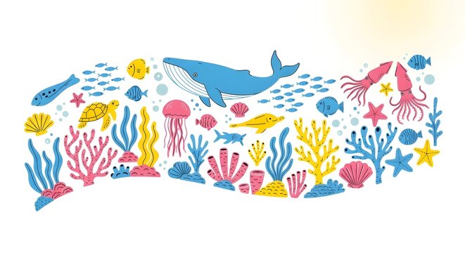 vibrant underwater ocean scene with sea creatures and coral reef in flat design illustration