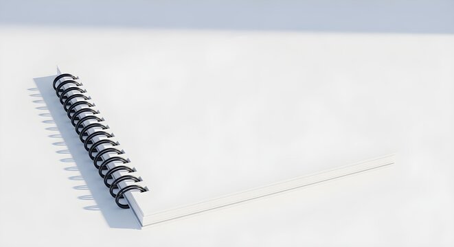 Blank spiral notebook with black wire binding lying on white surface, perspective view of open sketchbook with empty pages for sketching or writing