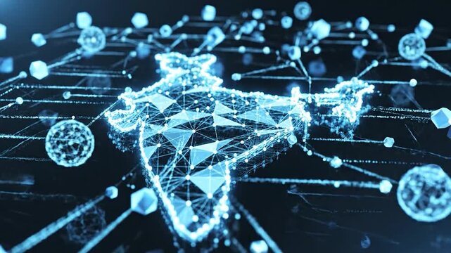 A digital representation of a geographical area, with interconnected points and geometric shapes, against a dark background, representing data