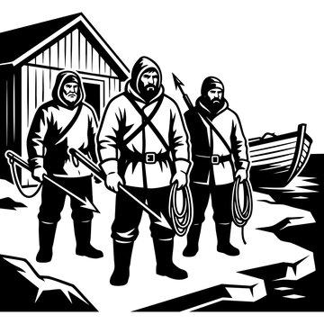 Three whalers with harpoons on a frozen coast