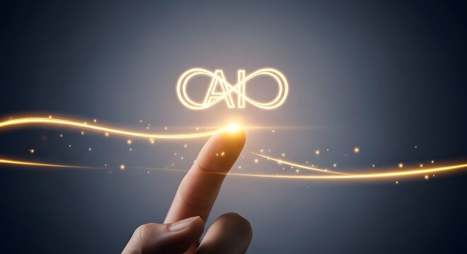 Artificial Intelligence AI glowing logo with infinity symbol, human finger touching digital light trail, futuristic technology concept for machine learning