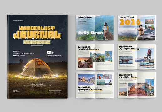 Wanderlust Travel Magazine Template Modern Adventure Lifestyle Editorial Layout Design