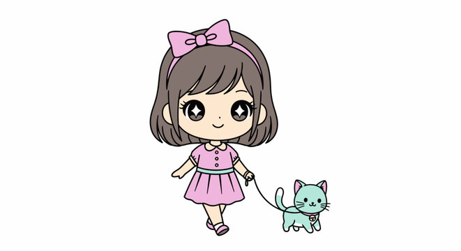 Little girl walking a blue cat.