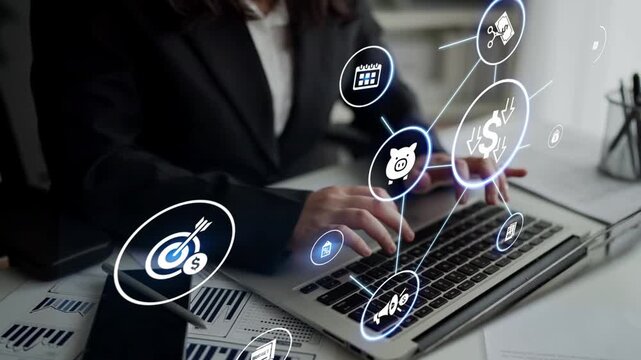 Modern budgeting and financial management icons showing finance, savings, tax, and planning. Budget supports business strategy, budget helps growth, and budgeting ensures financial control. Funnel
