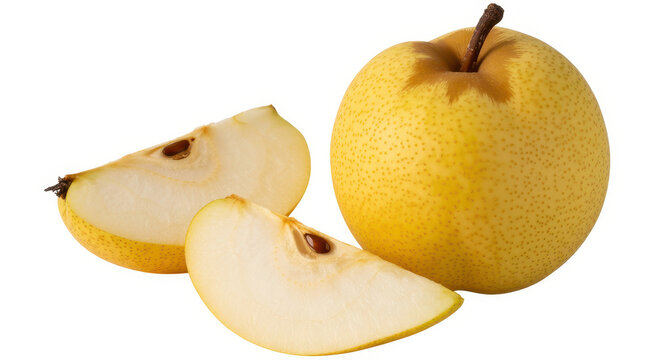 A whole yellow asian pear with two sliced wedges isolated on a clean white background, for food