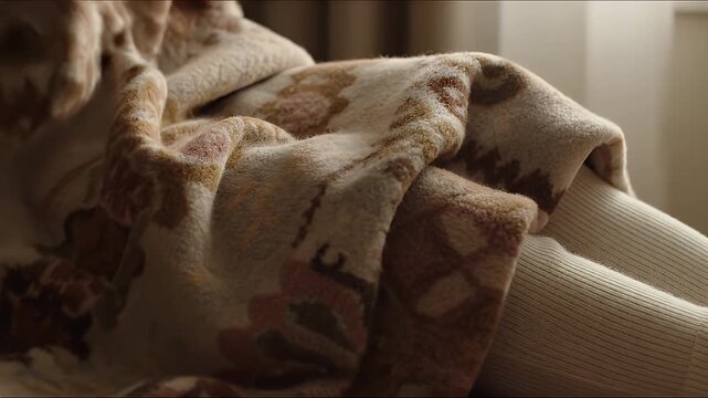 Close up Warm Blanket with Floral Design Covering Legs in Knitted Texture Leggings Against Soft