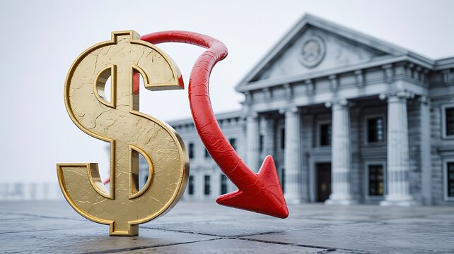 Falling dollar symbol with downward arrow in front of bank building representing financial crisis concept