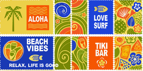 Colorful retro inspired postage stamps with aloha beach tiki and love themed illustrations high quality © Mitali