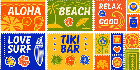 Colorful retro inspired aloha beach tiki bar postage stamps with floral and tropical designs © Mitali
