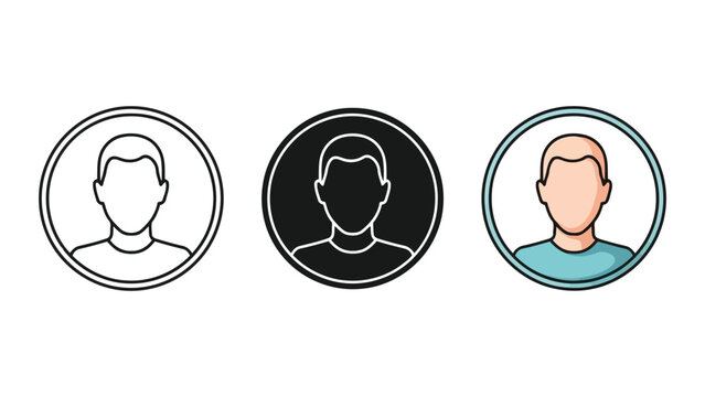 Set of three simple user profile avatar icons: outline, solid black and color, vector illustration