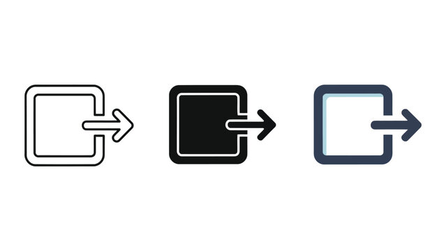 Set of three logout icons with arrow exiting a square, outline, filled, and modern flat design vector illustration