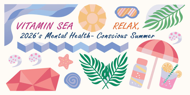 Summer vacation illustration with beach elements text and tropical leaves colorful vector design high quality