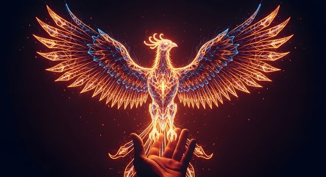 Majestic glowing phoenix rising from a hand, fiery mythical bird, ethereal fire creature art