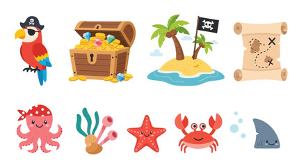 Pirate Treasure Island Icons: Parrot, Chest, Map, Octopus, Crab, Shark © mus