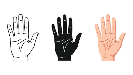 Fototapeta premium Human hand icons in line art, silhouette, and realistic styles, isolated on white background, vector illustration