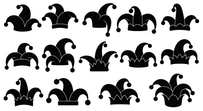 Jester Hats Silhouette Collection: Medieval Fool Caps Icons for Celebration and Fun