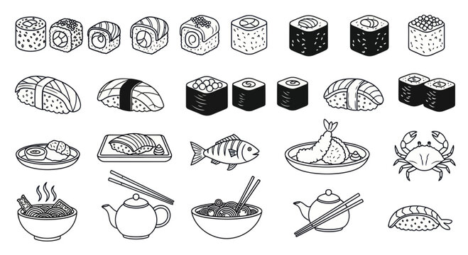 Hand-drawn Japanese Food Collection: Sushi, Noodles, Fish, Crab, and Tea Set