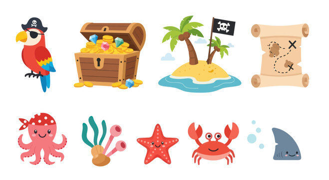 Pirate Treasure Island Icons: Parrot, Chest, Map, Octopus, Crab, Shark