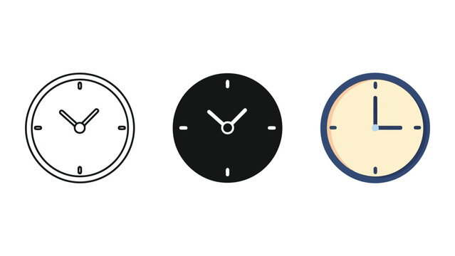 Three clock variations: outline, solid black, and analog with cream face, flat design vector illustration