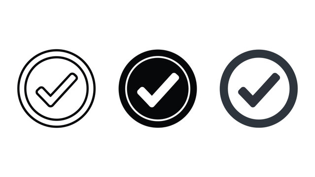 Set of three check mark icons in circle, outline, filled black and dark grey, vector illustration