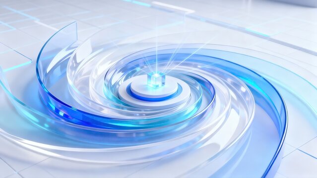 Abstract 3D rendered glass spiral swirl with glowing cube at center and gradient blue transparent curved shapes on clean white background