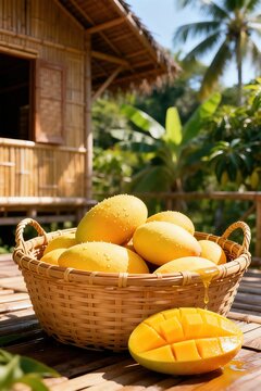 Fresh ripe mangoes in woven bamboo basket on wooden terrace with traditional stilt house and tropical palm trees in sunny backyard