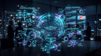 Obraz premium Advanced holographic enterprise dashboard displaying global data analytics in a modern office at night, with silhouettes of business professionals in