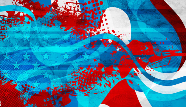 Patriotic American flag background in abstract grunge style. Red and blue paint splashes, stars, halftone dots, and dynamic waves. Vector design for Independence Day or Memorial Day