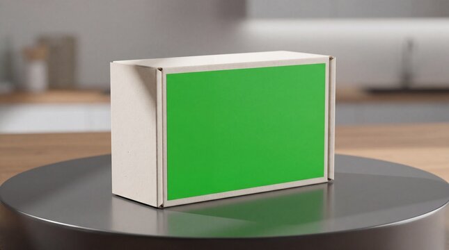 A mockup of a blank packaging box with a vibrant green top on a circular display against a blurred kitchen background, highlighting product