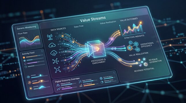 Digital data monetization interface displaying vibrant graphs and analytics on a dark background