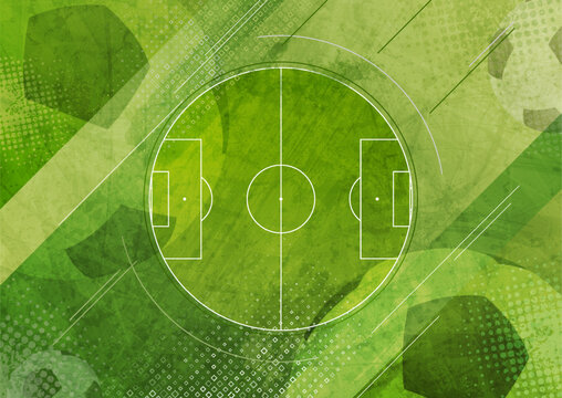 Concept soccer pitch background, top-down view with technical lines, halftone patterns, and green grunge texture. Vector design for sports posters, match announcements, and apps