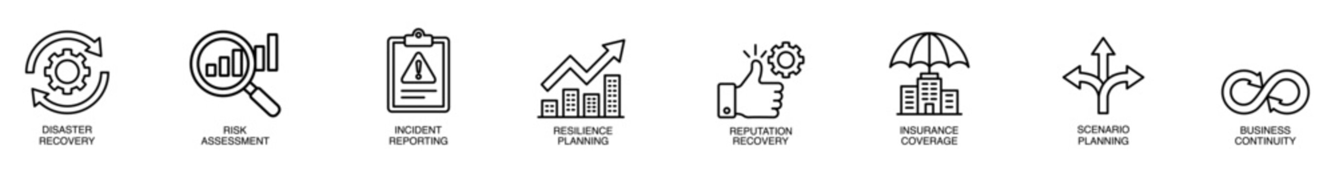 Disaster recovery risk assessment incident reporting resilience planning reputation recovery insurance coverage scenario planning business continuity icon set for risk presentation