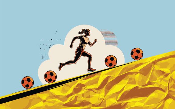 Person runs up hill with soccer balls rolling down