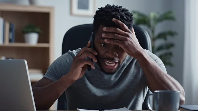 Man sits at desk working from home while talking on the phone and showing signs of stress during a busy workday