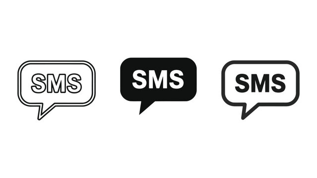 SMS text message bubble icons set in outline, solid black, and white styles for communication concept, vector illustration