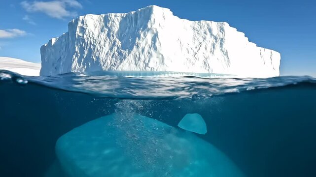 Split-view shot of a massive white iceberg floating in the polar ocean showing the large submerged base underwater and the tip above the surface under a clear blue sky.