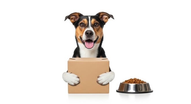 Happy mixed breed dog holding cardboard box, pet food delivery service concept, domestic dog with parcel and kibble bowl on white background