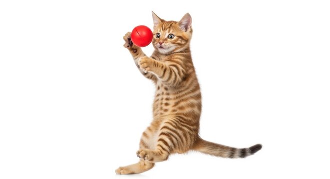Playful ginger tabby kitten catching a red ball, adorable young cat jumping on white background, active striped kitten playing with toy