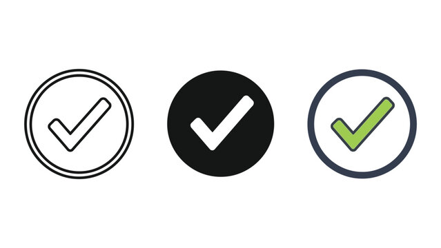 Set of three check mark icons in circles: outline, filled black, and green with blue border, vector illustration