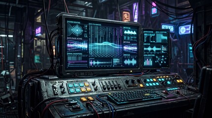 Fototapeta premium Futuristic control center filled with glowing screens displaying data and cybernetic graphics